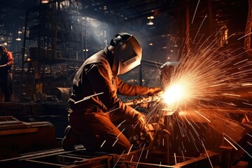 Two welders in working coverall are working on pipe welding. Two handymen welding and grinding at their workplace plant they wear a protective helmet and equipment. Industry steel work