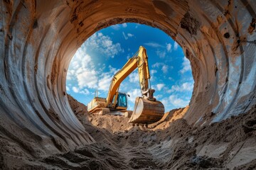 A powerful caterpillar excavator digs the ground against the blue sky. View from a large concrete pipe