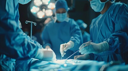 A team of surgeons in scrubs is focused on performing a surgical procedure under bright operating room lights, showcasing the intensity of medical operations.
