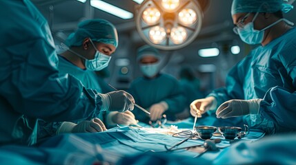 A team of surgeons in scrubs is focused on performing a surgical procedure under bright operating room lights, showcasing the intensity of medical operations.