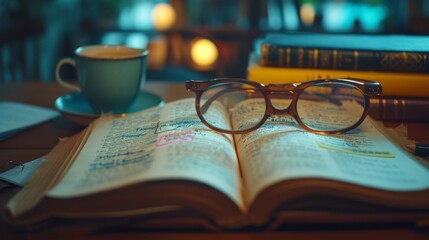 An open book with annotations and eyeglasses set on a table, accompanied by a warm cup of coffee, evokes a tranquil evening study atmosphere.