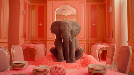A elephant sitting on flowers in a pink wedding room.