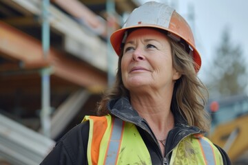Woman working on a construction site, construction hard hat and work vest, smirking, middle aged or older