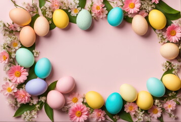 Fototapeta na wymiar Colorful Easter Eggs and Spring Flowers Frame