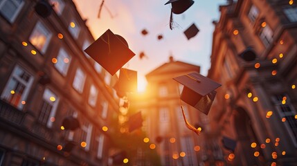 A close-up, high-quality stock photo of graduation caps flying against a clear blue sky, capturing the moment of triumph.