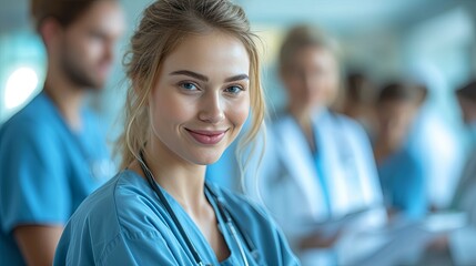 Portrait of a smiling female doctor with a stethoscope in a bright medical office setting.