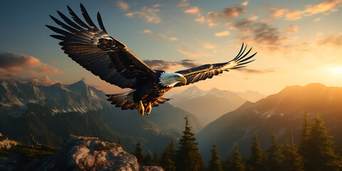 Bald Eagle in flight with mountains in the background. 3d render - obrazy, fototapety, plakaty