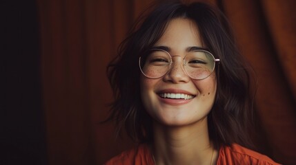 Smiling woman with freckles and glasses wearing orange top against blurred red background.