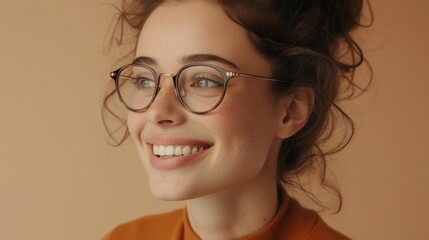 Smiling woman with glasses and curly hair wearing an orange turtleneck against a soft-focus beige background.