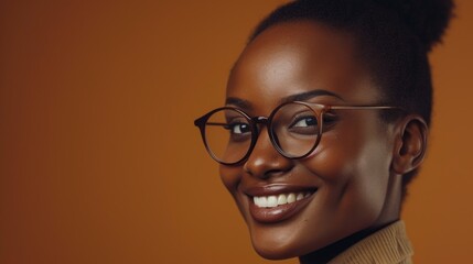 A smiling woman with glasses and a bun hairstyle set against a warm orange background.