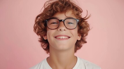 Smiling young boy with glasses and curly hair against pink background.