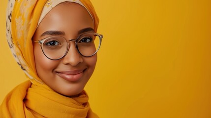 Smiling woman with glasses and yellow hijab against yellow background.