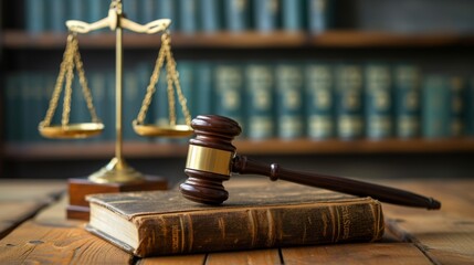 detailed view of a gavel resting on a legal book with a brass scale of justice in the background