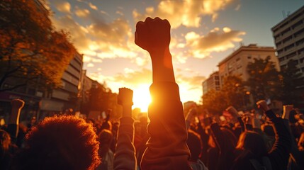 Backlit silhouettes of a diverse group of individuals raising their fists in solidarity against an urban skyline at sunset. - obrazy, fototapety, plakaty