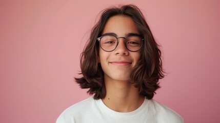 Young person with long hair and glasses wearing a white t-shirt smiling against a pink background. - 733774199