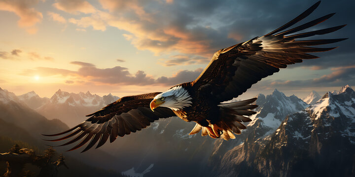 Bald Eagle in flight with mountains in the background. 3d render