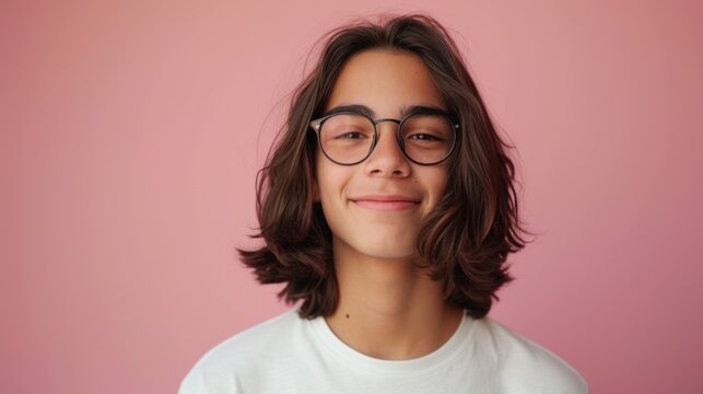 Young person with long hair and glasses wearing a white t-shirt smiling against a pink background.