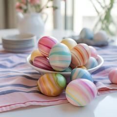 Obraz premium A bowl of Easter eggs on the dining table. Easter. Painted eggs. Generated illustration of artificial intelligence.