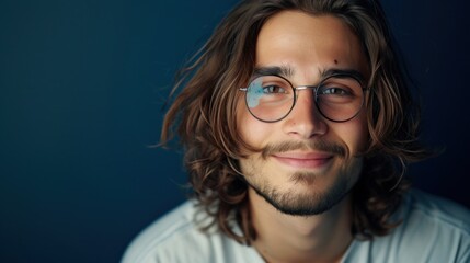 Fototapeta na wymiar A young man with long curly hair wearing glasses smiling at the camera with a blue background.