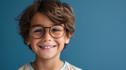 Obraz premium Smiling young boy with glasses and curly hair against blue background.