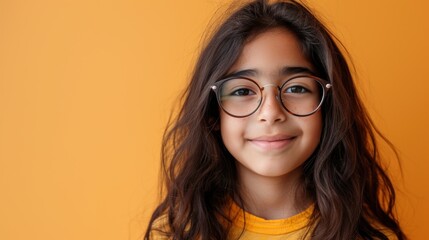 Young girl with glasses smiling against orange background.