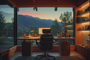 luxury home office with large windows, beautiful sunset views