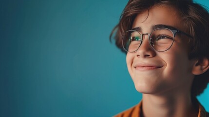 Young boy with glasses looking up with a smile.
