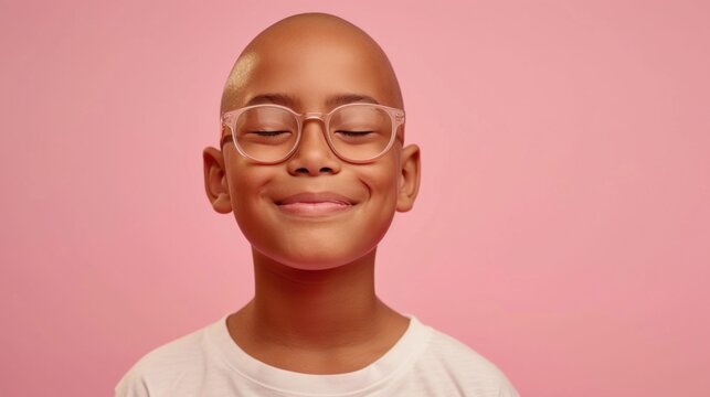 A young child with a bald head wearing glasses smiling with eyes closed against a pink background.