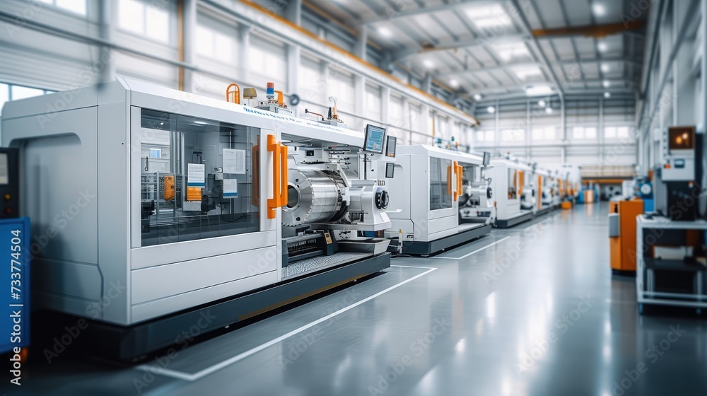 Poster Modern production hall with CNC milling machines in a bright an friendly environment. Generative AI.