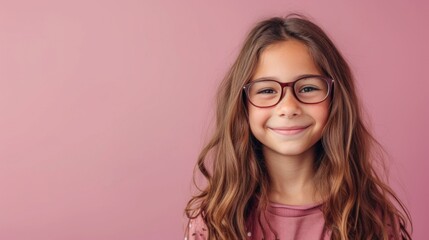 Smiling young girl with glasses and long brown hair against pink background.