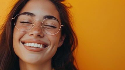 Smiling woman with glasses and freckles against a warm yellow background.