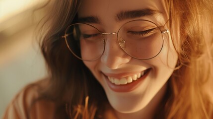A young woman with glasses smiling gently her eyes closed with soft warm lighting and a blurred background that suggests a peaceful outdoor setting. - obrazy, fototapety, plakaty