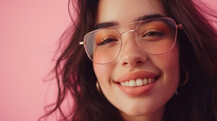 A young woman with long dark hair wearing large round rose-tinted glasses smiling with a radiant complexion and a hint of orange eyeshadow.