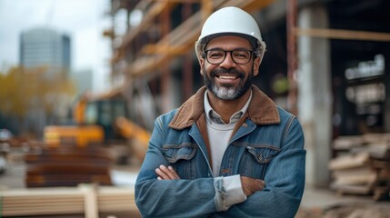 A contractor in construction smiles confidently. He is standing with his arms folded in front of a building in construction. Generative AI.