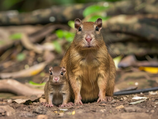Agouti with its young in a sunlight of tropical forest.