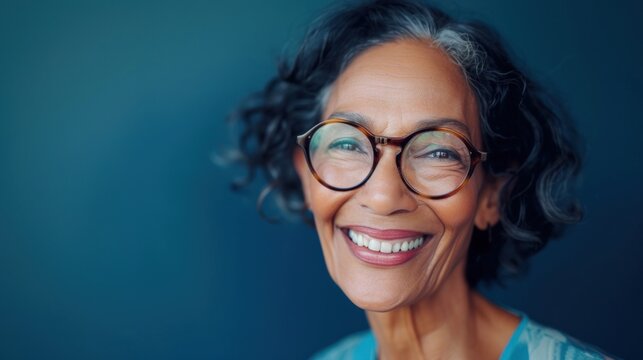 Smiling woman with glasses gray hair and a blue background.