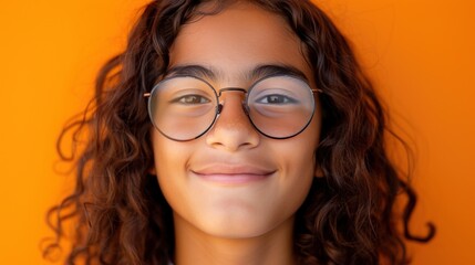 Obraz premium A young person with curly hair and glasses smiling against an orange background.