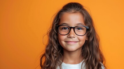 Young girl with glasses and a smile against an orange background.