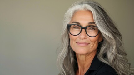 A woman with gray hair and glasses smiling gently against a neutral background.