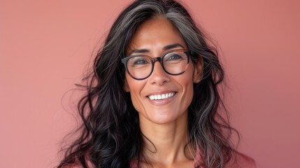 Smiling woman with dark hair and glasses wearing a pink top against a pink background.