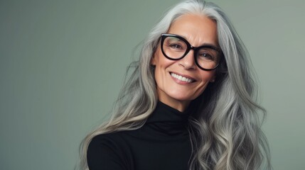 Gray-haired woman with glasses smiling wearing a black turtleneck against a green background.