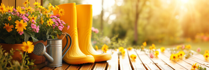 Rubber boots, gardening tools and spring flowers on the wooden terrace in the spring garden.