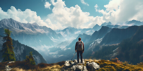 Hiker with a backpack on the trail in the mountains. 3d rendering - obrazy, fototapety, plakaty