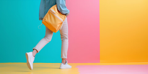 Child with school backpack on pastel background. Legs of young student walking away. First day of school concept.