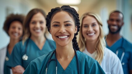 A confident and smiling female medical professional wearing a stethoscope, representing trust and expertise in the healthcare industry.