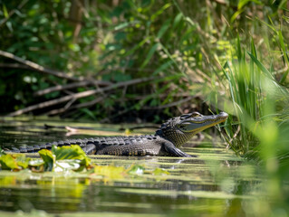 An alligator lurks on the riverbank. Waiting for its prey.
