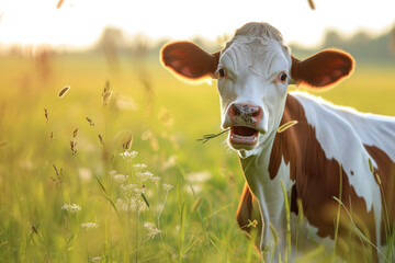 Brown and White Cow Standing on Lush Green Field