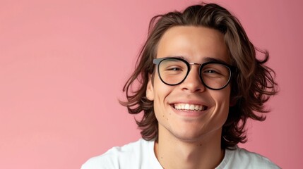 Young man with glasses and curly hair smiling against a pink background.
