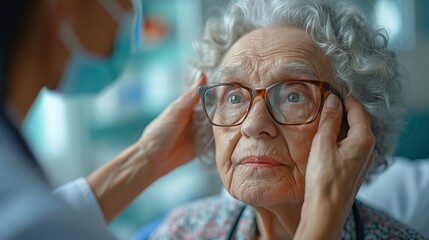 Close-up of a senior man with a caregiver adjusting his eyeglasses, reflecting a moment of care and attention for the elderly.
