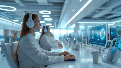 Call center with futuristic design with human AI assisted employees, showcasing the next generation of customer service. Generative AI.